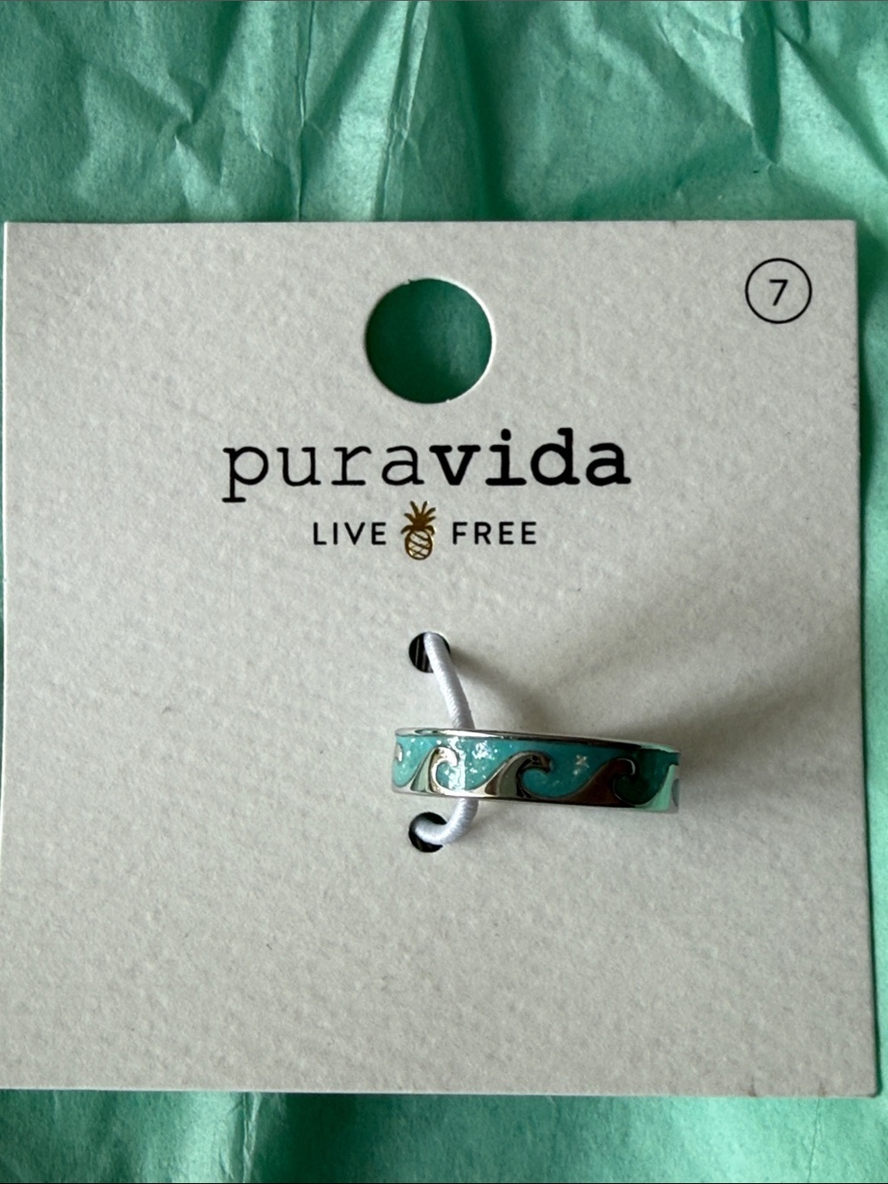 Pura Vida Silver Band Ring with Teal Card Accent Size 7